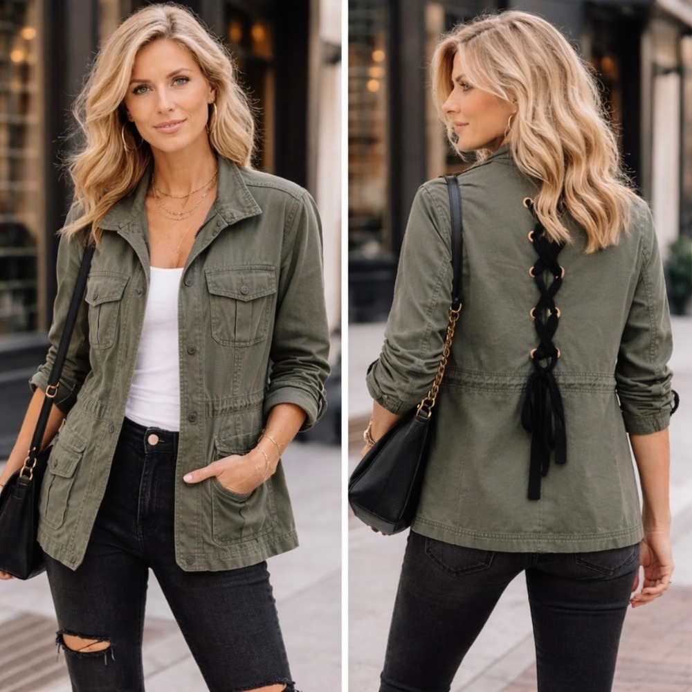 Democracy Lace Up Back Military Cargo Utility Jacket Sz M Olive Green Boho Retro